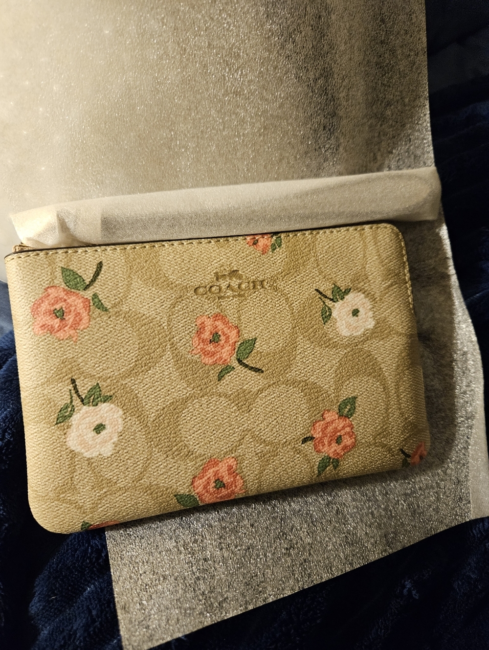 Coach Khaki Chalk Floral Zip Pouch Wallet with Pink and White Flowers